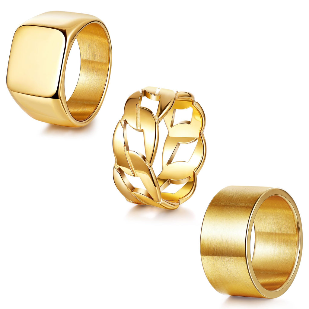 YOVORO 3Pcs Stainless Steel Signet Rings Chunky Wide Band Ring for Men Women Cuban Link Chain Rings Fashion Matte Finish Plain Ring Comfort Fit Size 11 Gold