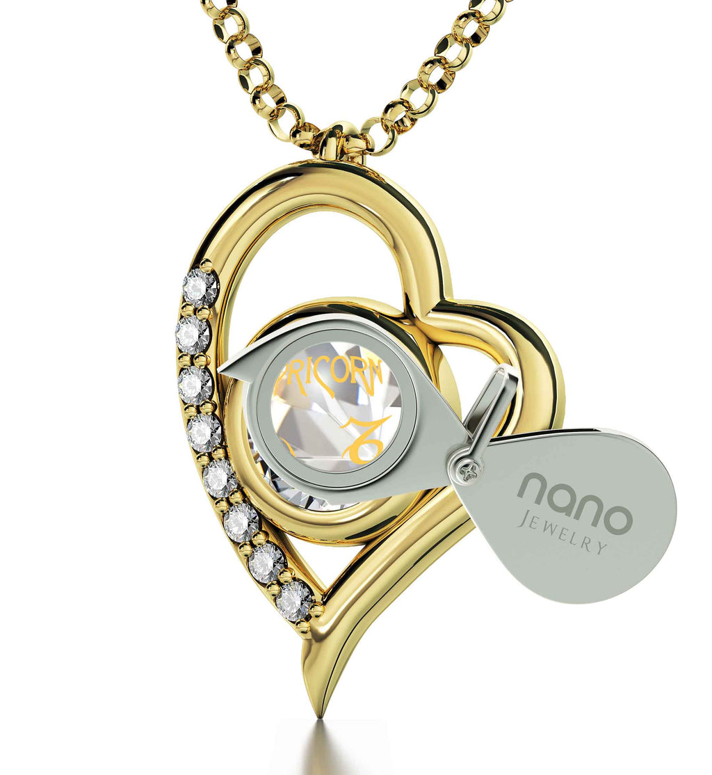 Capricorn Zodiac Heart Pendant Necklace | Gold Plated Silver | 24K Inscribed Crystal