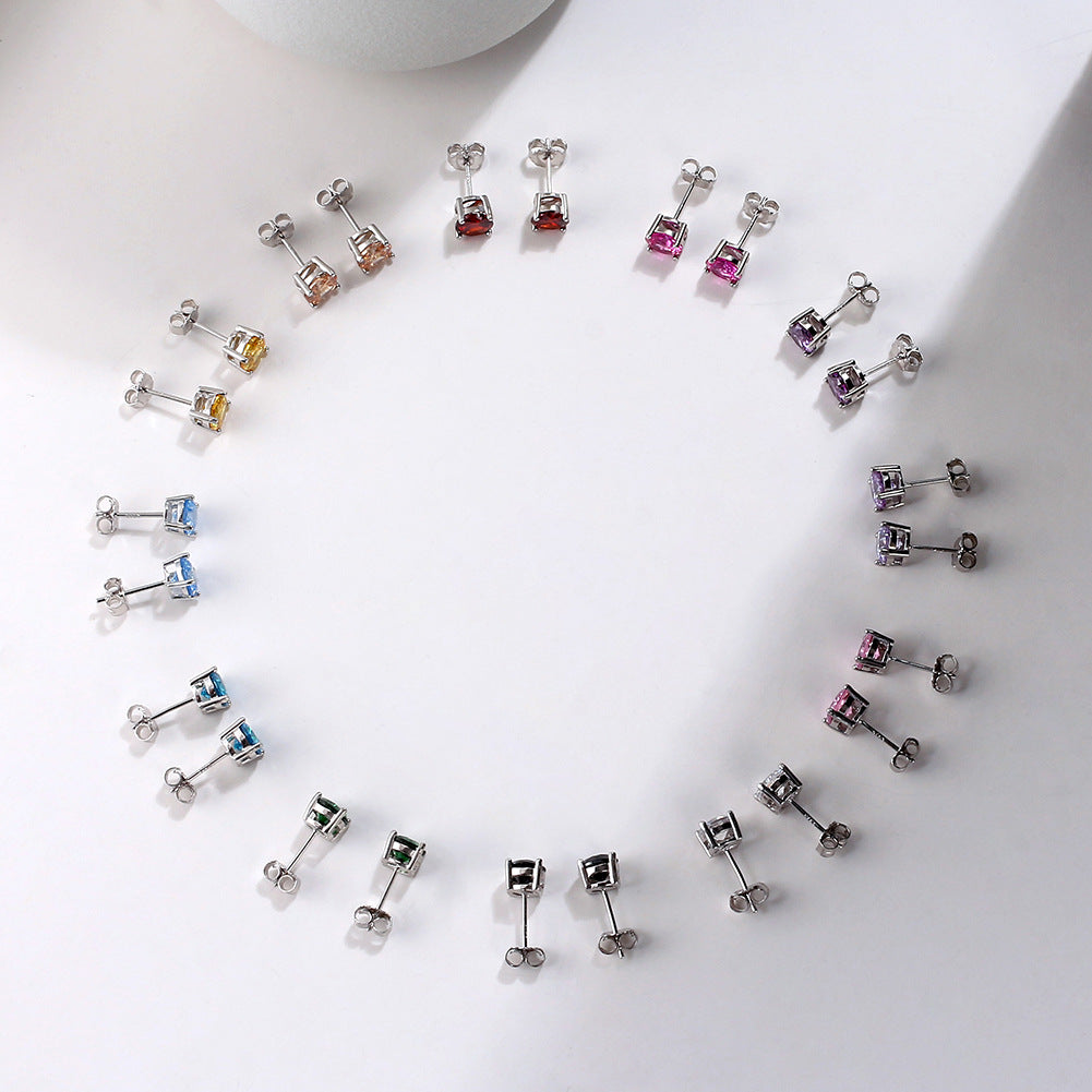 Zodiac Birthstone Stud Earrings – S925 Sterling Silver Four-Claw Setting | 12 Colors