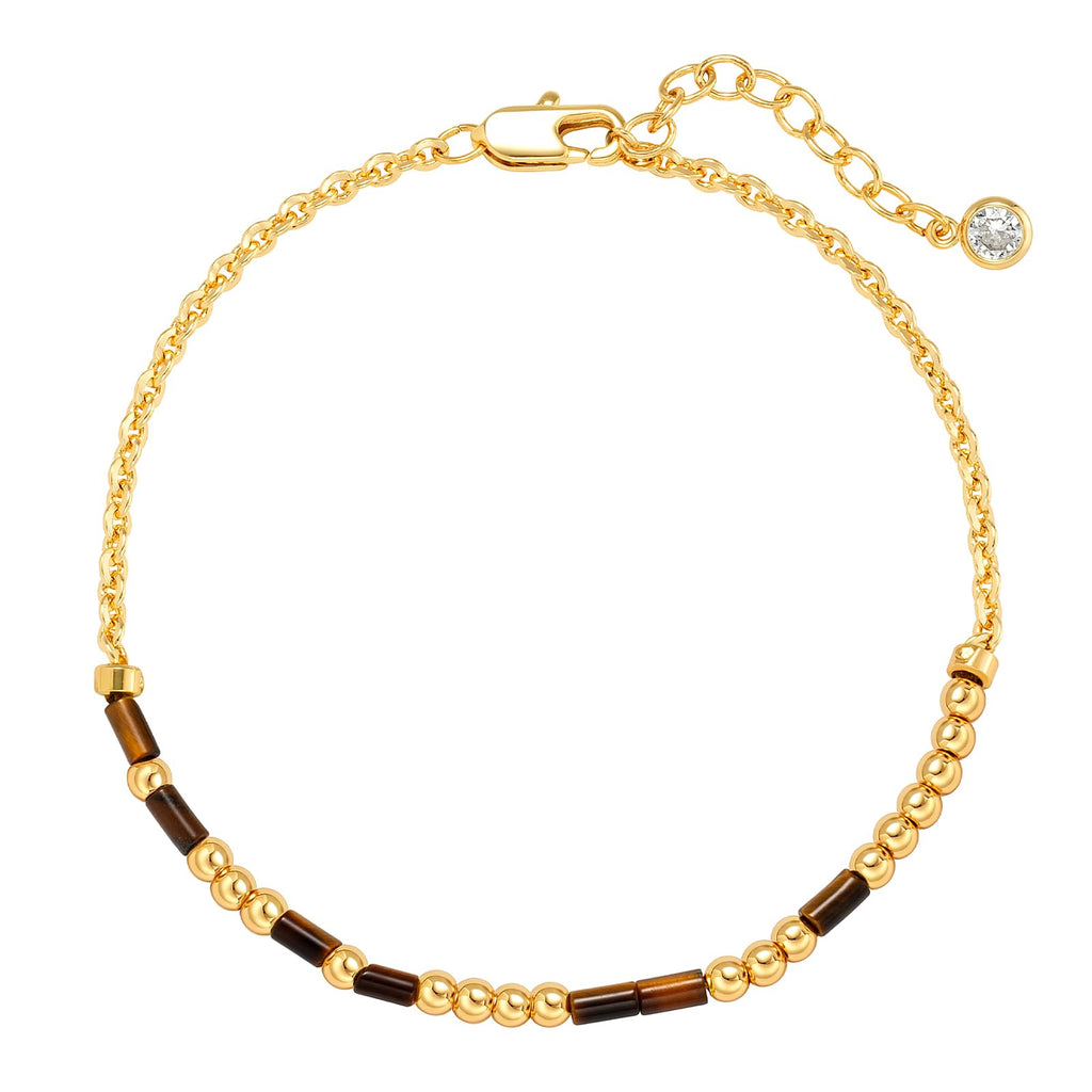 MEVECCO Gold Morse Code Bracelet for Women 18K Gold Plated Tiger Eye Stone Mixed Bracelets Handmade Gold Custom Morse Code Chain Bracelet Stack Jewelry Gifts