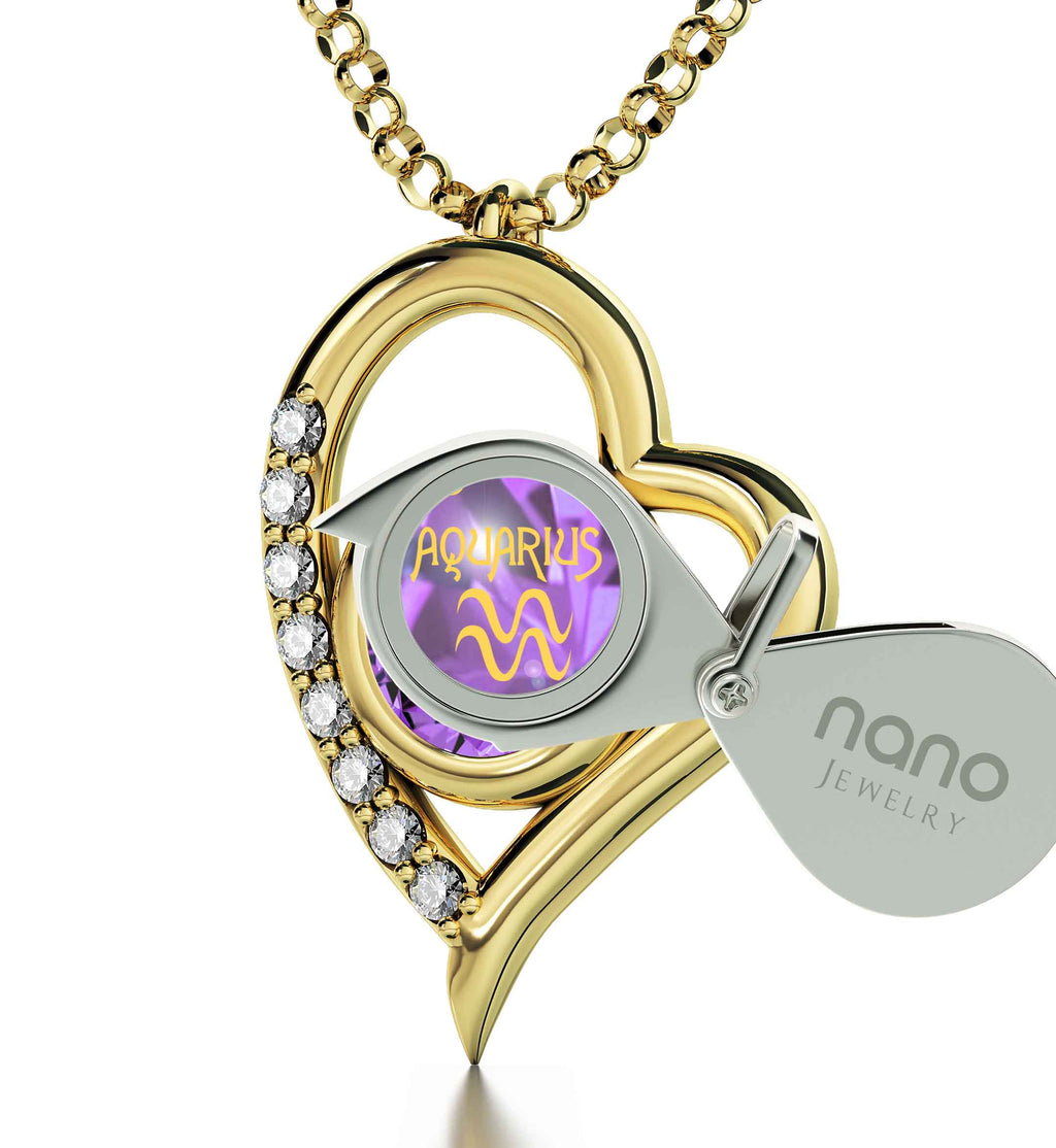 Gold Plated Silver Zodiac Heart Pendant Aquarius Necklace 24k Gold inscribed on Crystal