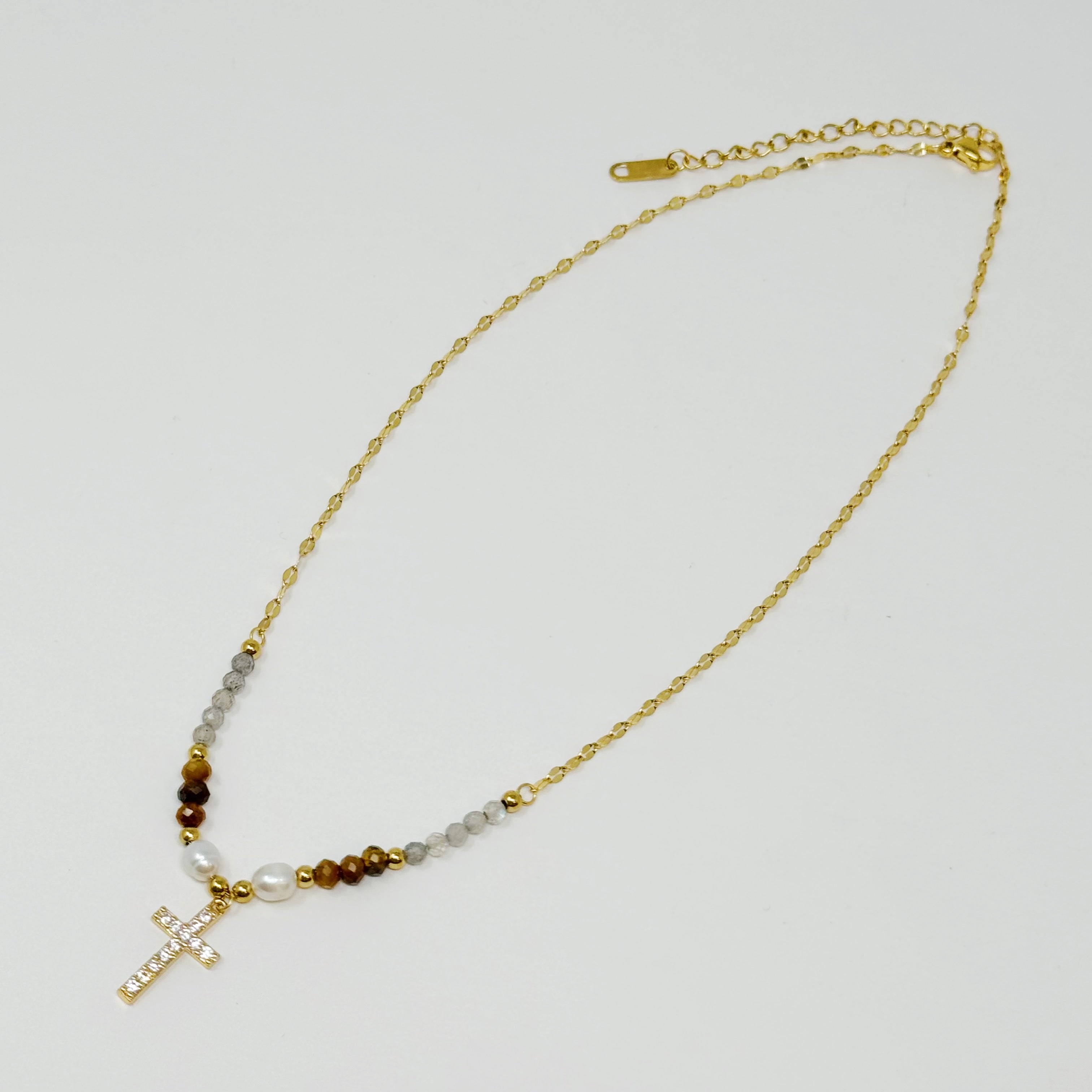 Cross Pendant Stone Bead Necklace