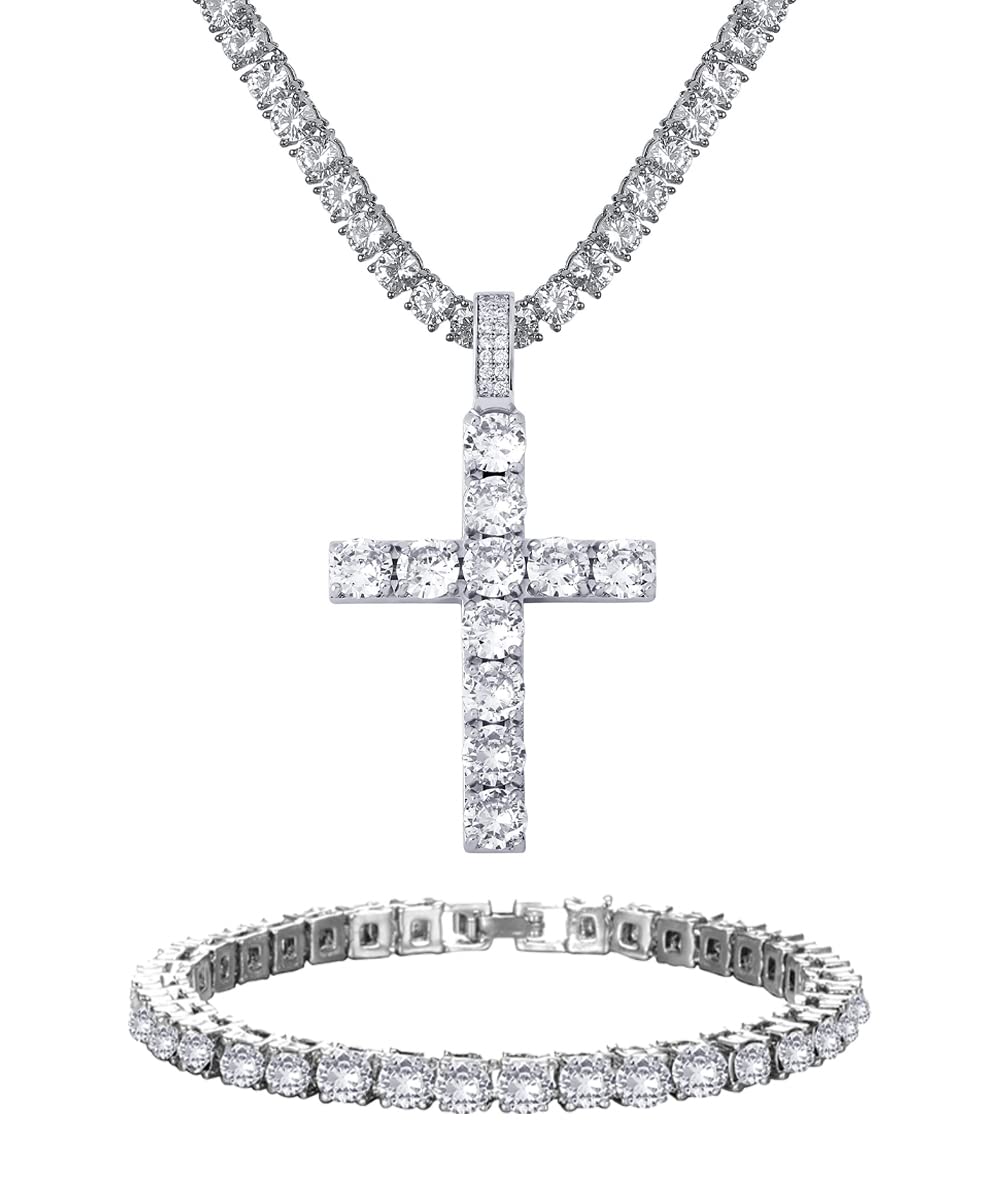 Ronglry Cuban Link Chain for Women Men Miami Silver Cuban Chain Necklace Tennis Chain With Cross Necklace Diamond Cross Pendant Necklace Bling Miami Cuban Necklace Bracelet Set Mens Iced Out Chains Hip Hop Necklace Jewelry Gifts-Cross20"