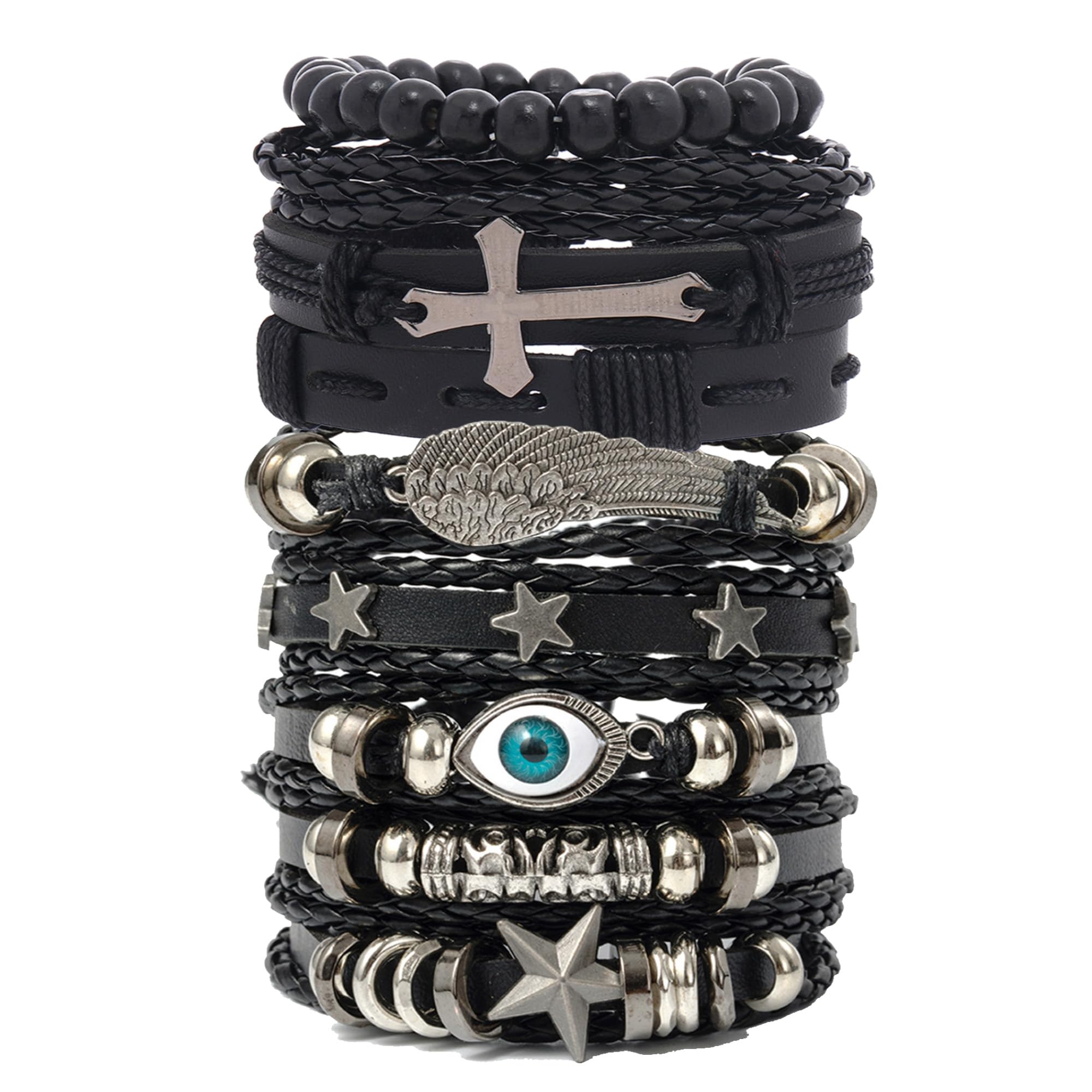Punk Leather Bracelet Set for Men | 8-10 PCS Skull & Beaded Cuff Bracelets