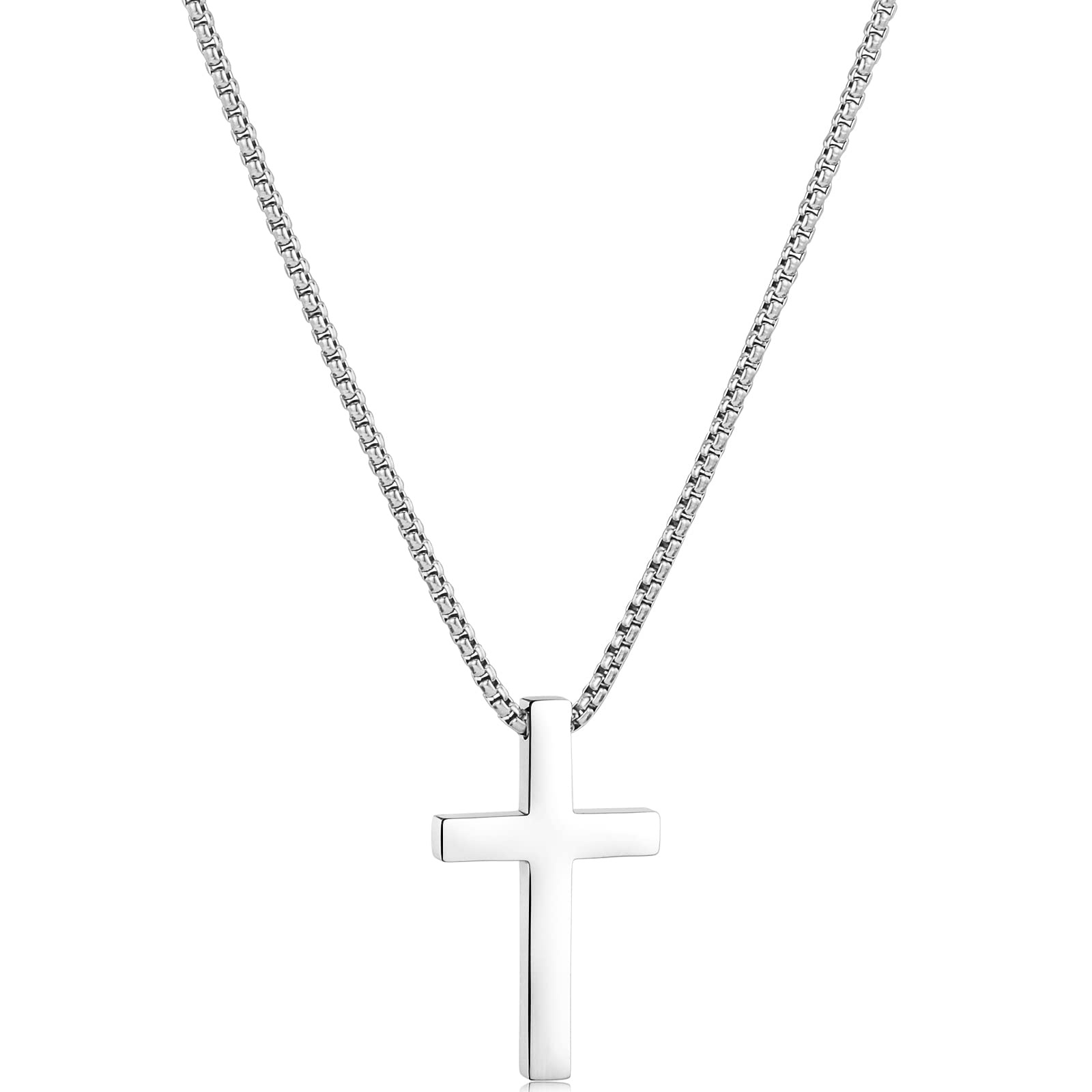 XXMAYSTER Cross Necklace for Men - Stainless Steel Silver/Gold Plain Cross Pendant Necklace Simple Jewelry Gifts 18-24 Inch Box Chain 3mm Width with Gift Box