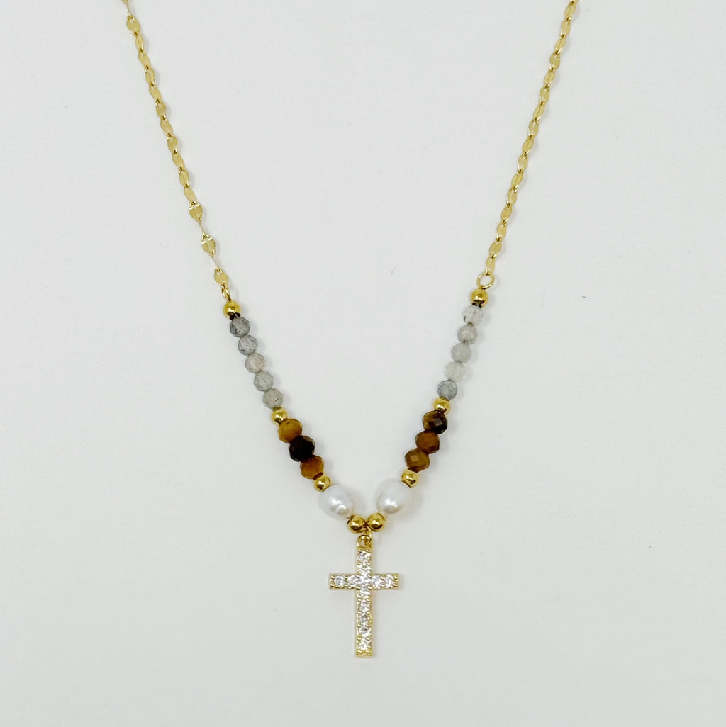 Cross Pendant Stone Bead Necklace