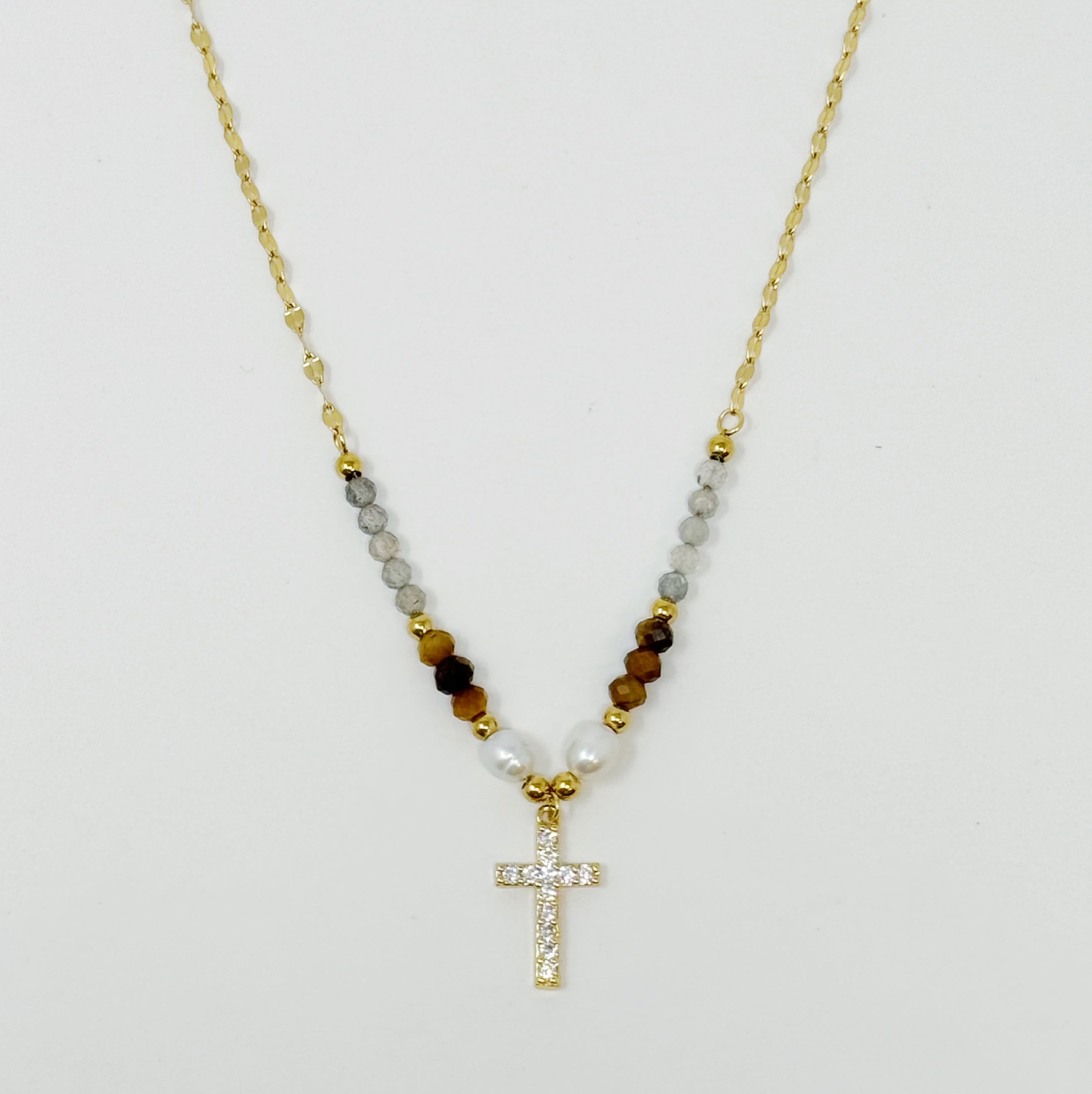 Cross Pendant Stone Bead Necklace