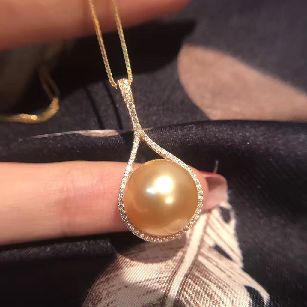 Nanyang Gold Pearl Pendant, 925 Silver Necklace 14mm