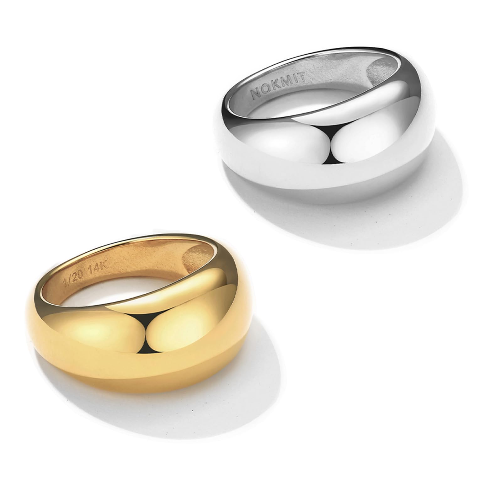 NOKMIT Chunky Dome Rings for Women Dainty 14K Gold Silver Tone Cute Bold Dome Statement Ring Thick Minimalist Thumb Band High Polished Smooth Comfort Fit (Thick Gold & Silver 10)