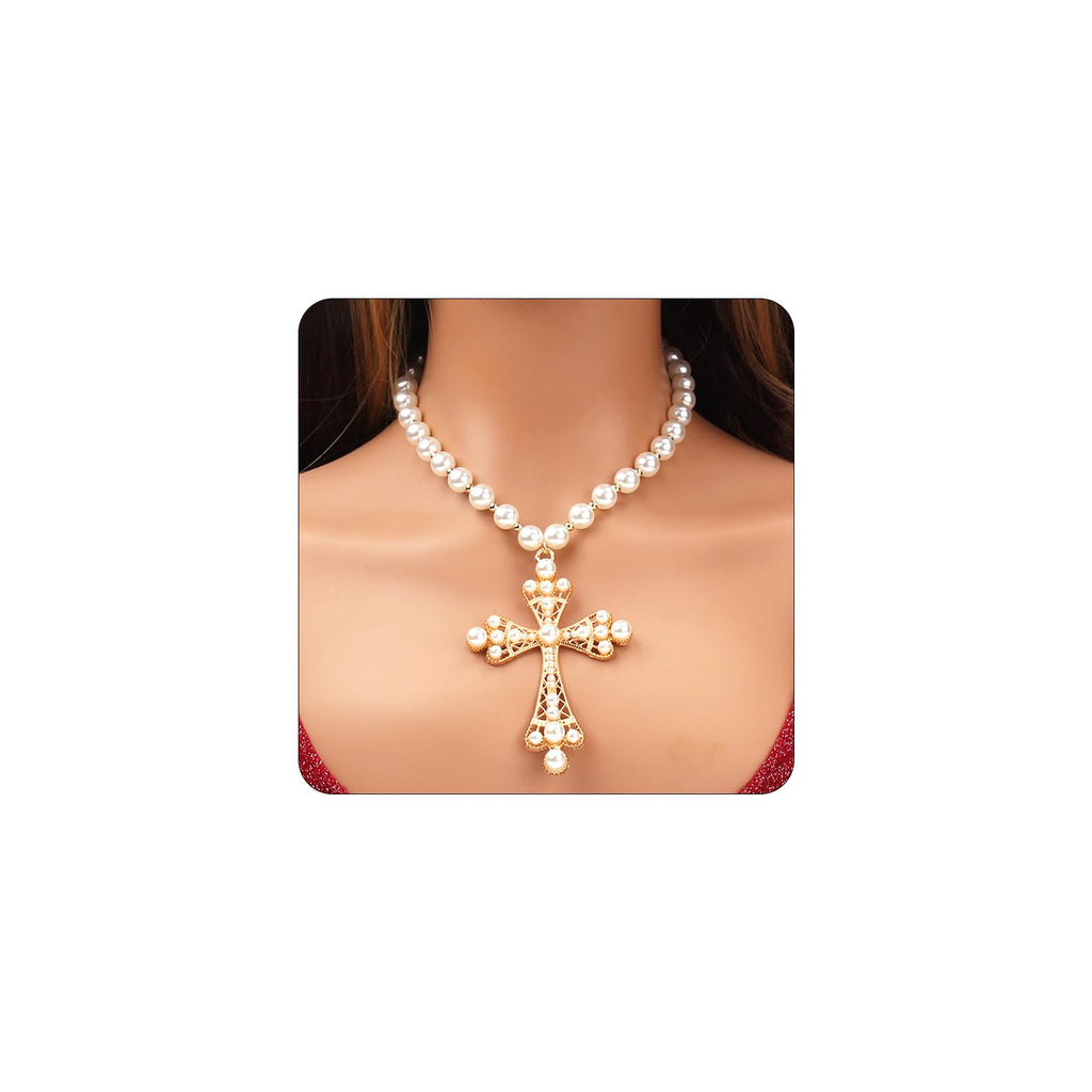 Pearl Cross Necklace for WomenGothic Gold Chunky Long Big Cross Pendant NecklacePearl Beads Chain Large Crucifix Dangle Necklace for Punk Party (Gold)