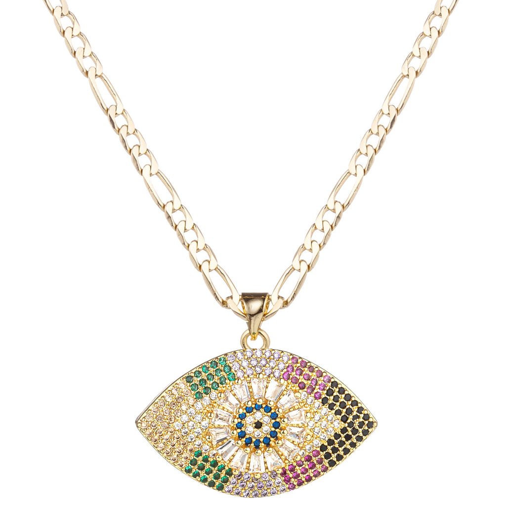 yipima Evil Eye Necklace for Women 14K Gold Plated White Color Cubic Zirconia Inlay Evil Eye Pendant Necklace 3mm Figaro Chain Necklace 18/22 inches (length:22" color-2)