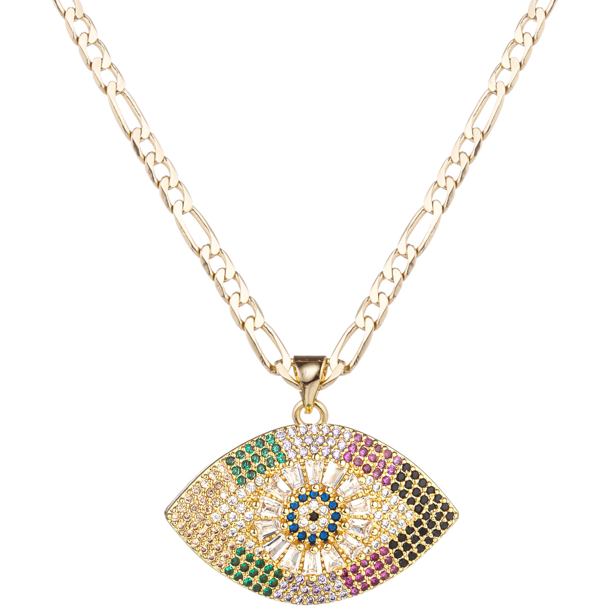 yipima Evil Eye Necklace for Women 14K Gold Plated White Color Cubic Zirconia Inlay Evil Eye Pendant Necklace 3mm Figaro Chain Necklace 18/22 inches (length:22" color-2)