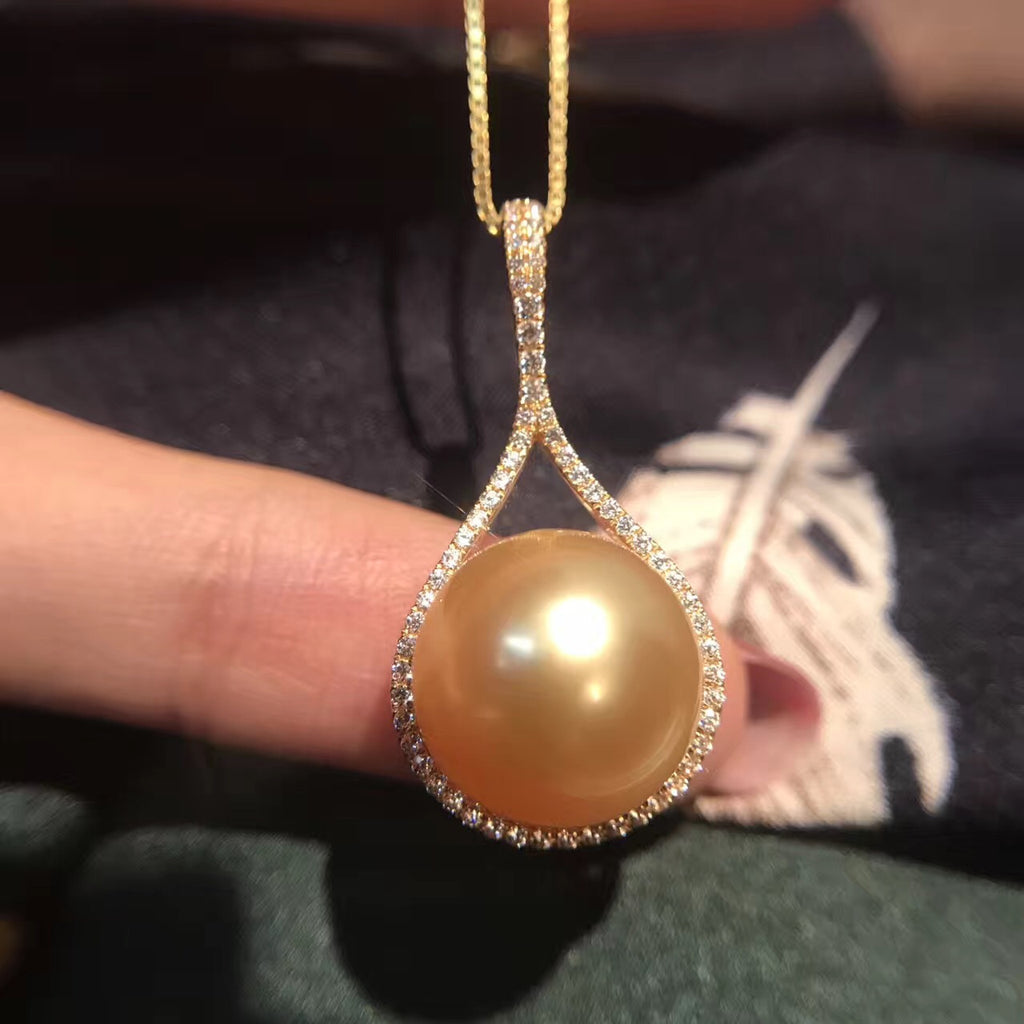Nanyang Gold Pearl Pendant, 925 Silver Necklace 14mm