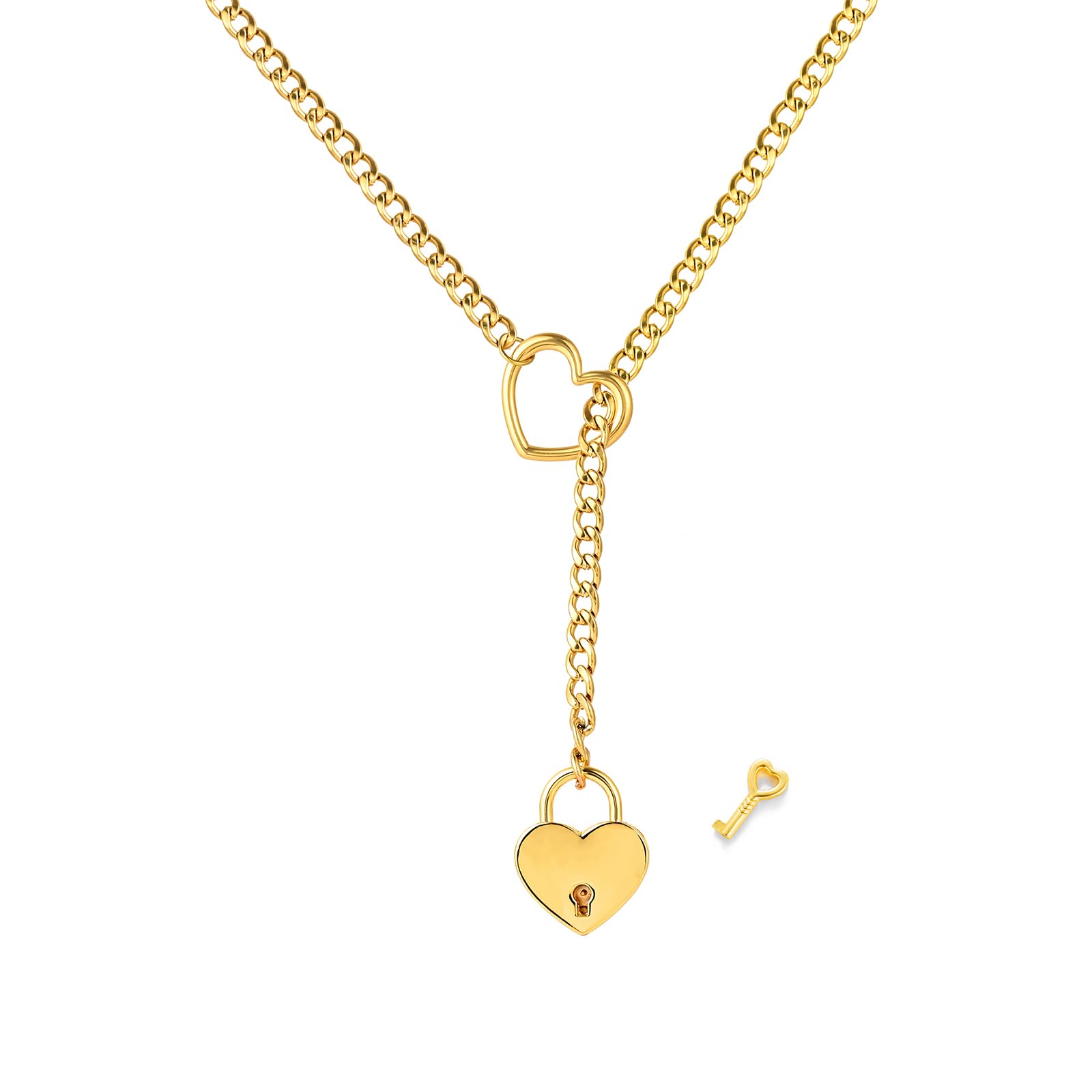 MIFYNN Heart O ring Slip Chain Necklace for Women Stainless Steel Cuban Chain Heart Necklace Punk Rock Collar Necklace Handmade Adjustable Lariat Y Necklace for Men (Gold lock)