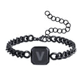 Initial Bracelet Black Squre A-Z Letter Cuban Link Chain Mens Bracelets Adjustable Size Stainless Steel Men Jewelry Gifts for Husband Dad Brother Son(Black V)