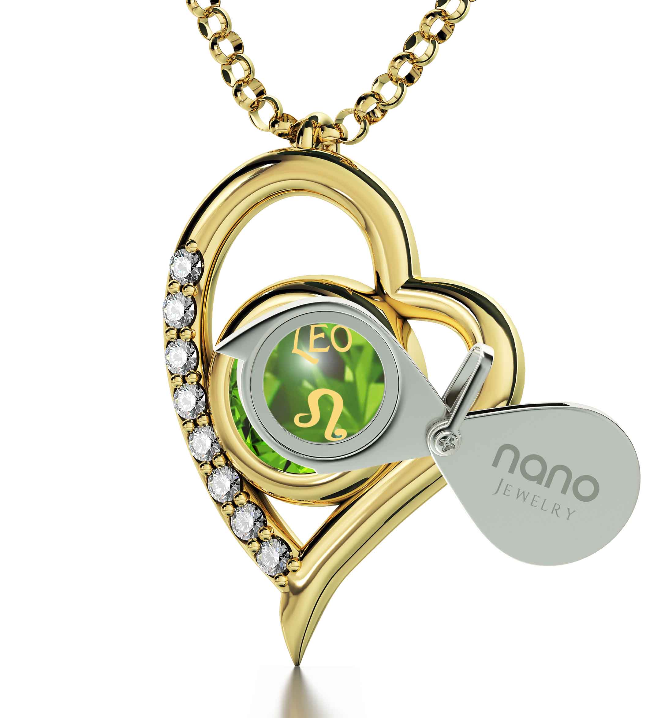 Leo Zodiac Heart Pendant Necklace | Gold Plated Silver | 24K Inscribed Crystal