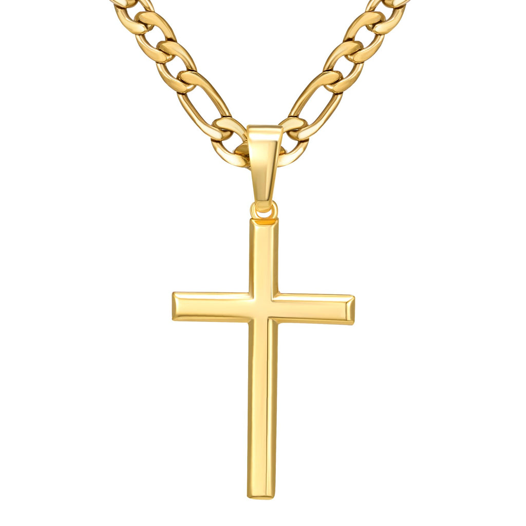 SWEETV 18K Gold Over 925 Sterling Silver Cross Necklace for Men/Women Stainless Steel Chain Cross Pendant for Men Jewelry Box Included Gold/Figaro Chain18 inch