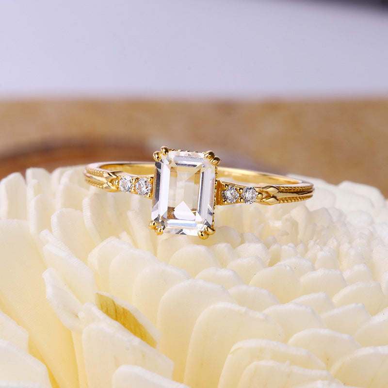 Square White Crystal Ring | Japanese Minimalist Design