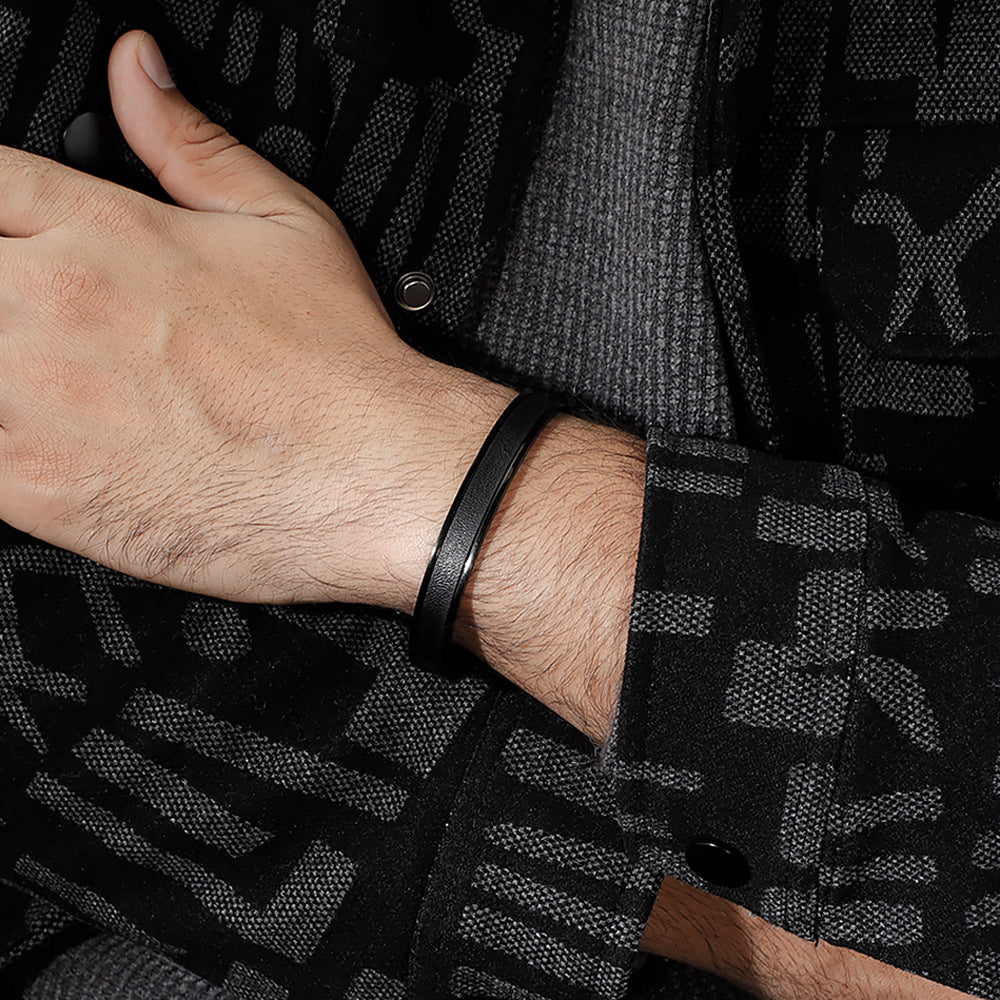 Glossy Black Leather Bracelet for Men | Sleek Men's Wrist Accessory