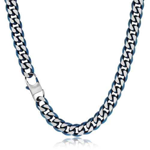 BAMIKI 10MM Wide Blue Chain Necklace for Men Women 316L Stainless Steel Big Thick Curb Cuban Link Chains Blue/Black/14K Gold Plated & Brushed Finish Silver Tone 18-24 Inches Long