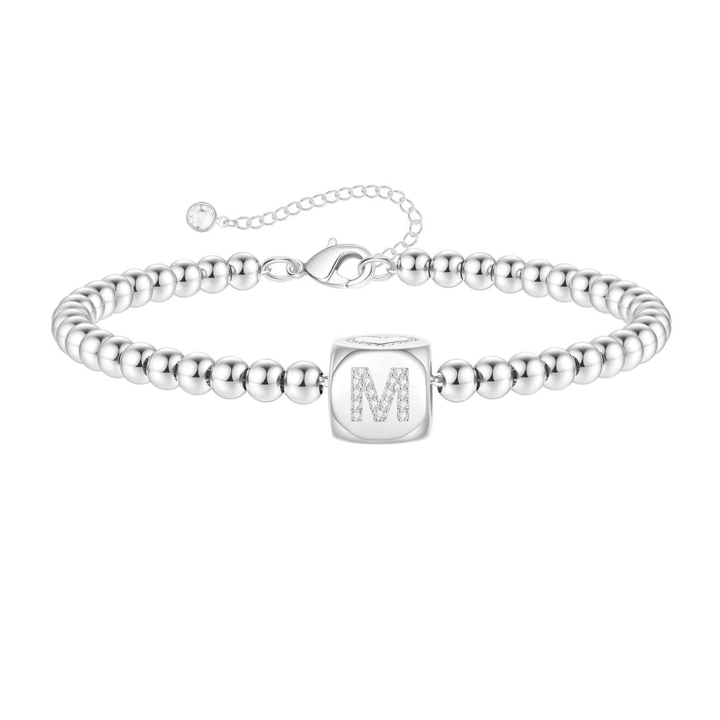 Yoosteel Dainty Silver Initial Bracelets for Women Jewelry Gifts 14K White Gold Filled Initial M Bead Bracelet Personalized Letter Charm Bracelets Silver Jewelry Gifts for Women Friends Bridesmaids