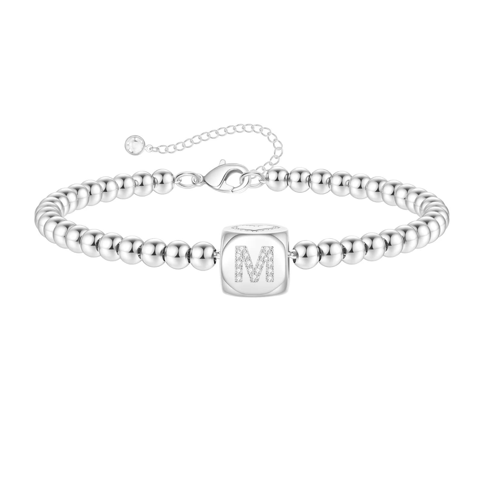 Yoosteel Dainty Silver Initial Bracelets for Women Jewelry Gifts 14K White Gold Filled Initial M Bead Bracelet Personalized Letter Charm Bracelets Silver Jewelry Gifts for Women Friends Bridesmaids
