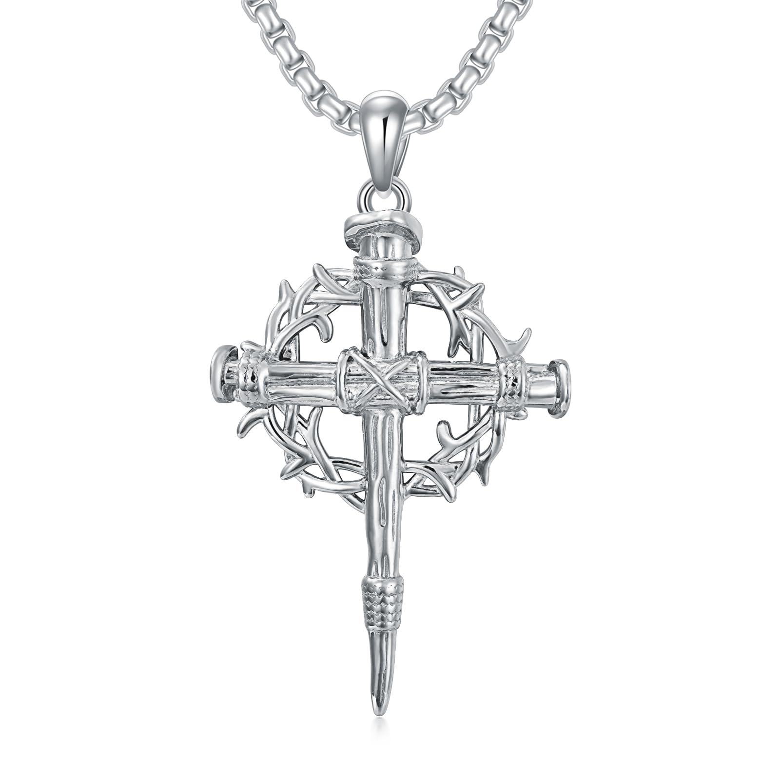 Lattd Nail Cross Necklace 925 Sterling Silver Crow of Thorn Nail Cross Pendant Christian Jewelry Gift for Men Women (01-Nail Cross & Crown 01- Silver)