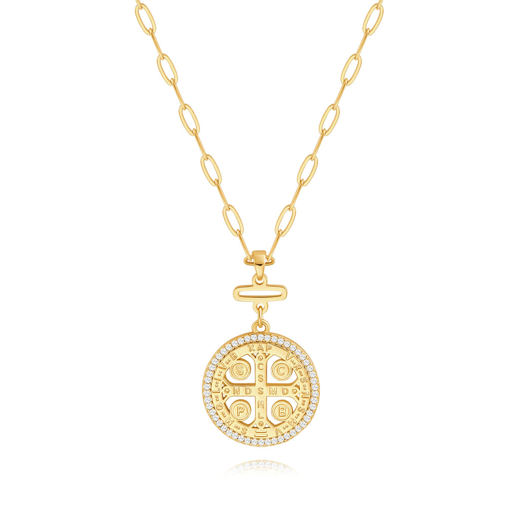 St. Benedict Medal Necklace | 18K Gold Dainty Zircon