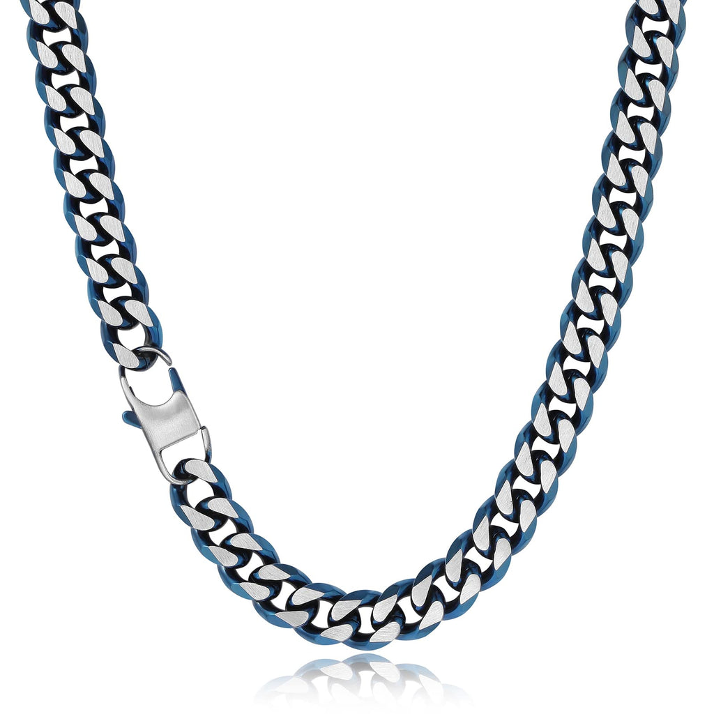 BAMIKI 10MM Wide Blue Chain Necklace for Men Women 316L Stainless Steel Big Thick Curb Cuban Link Chains Blue/Black/14K Gold Plated & Brushed Finish Silver Tone 18-24 Inches Long
