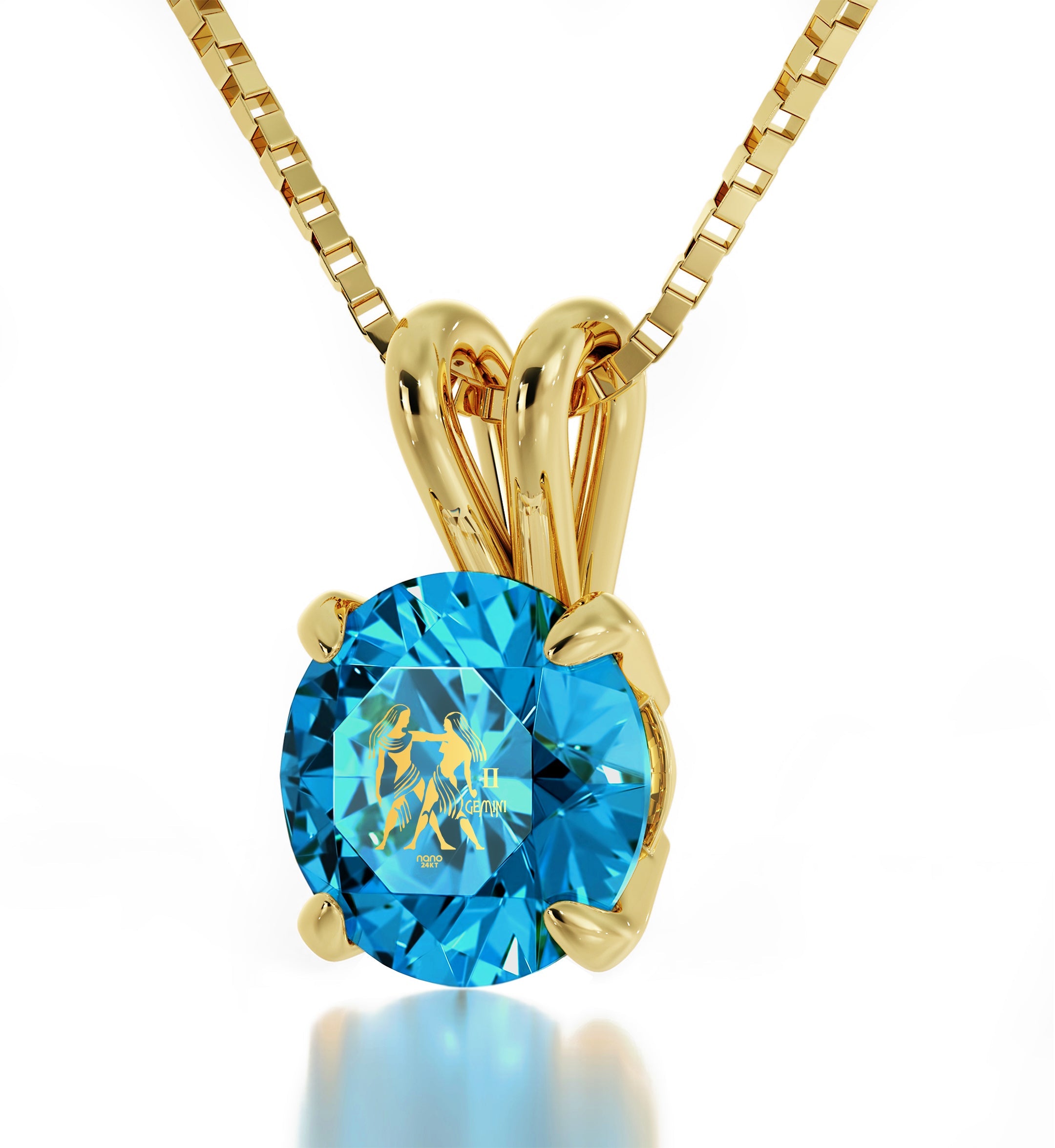 14K Yellow Gold Gemini Zodiac Necklace | Crystal Pendant Necklace