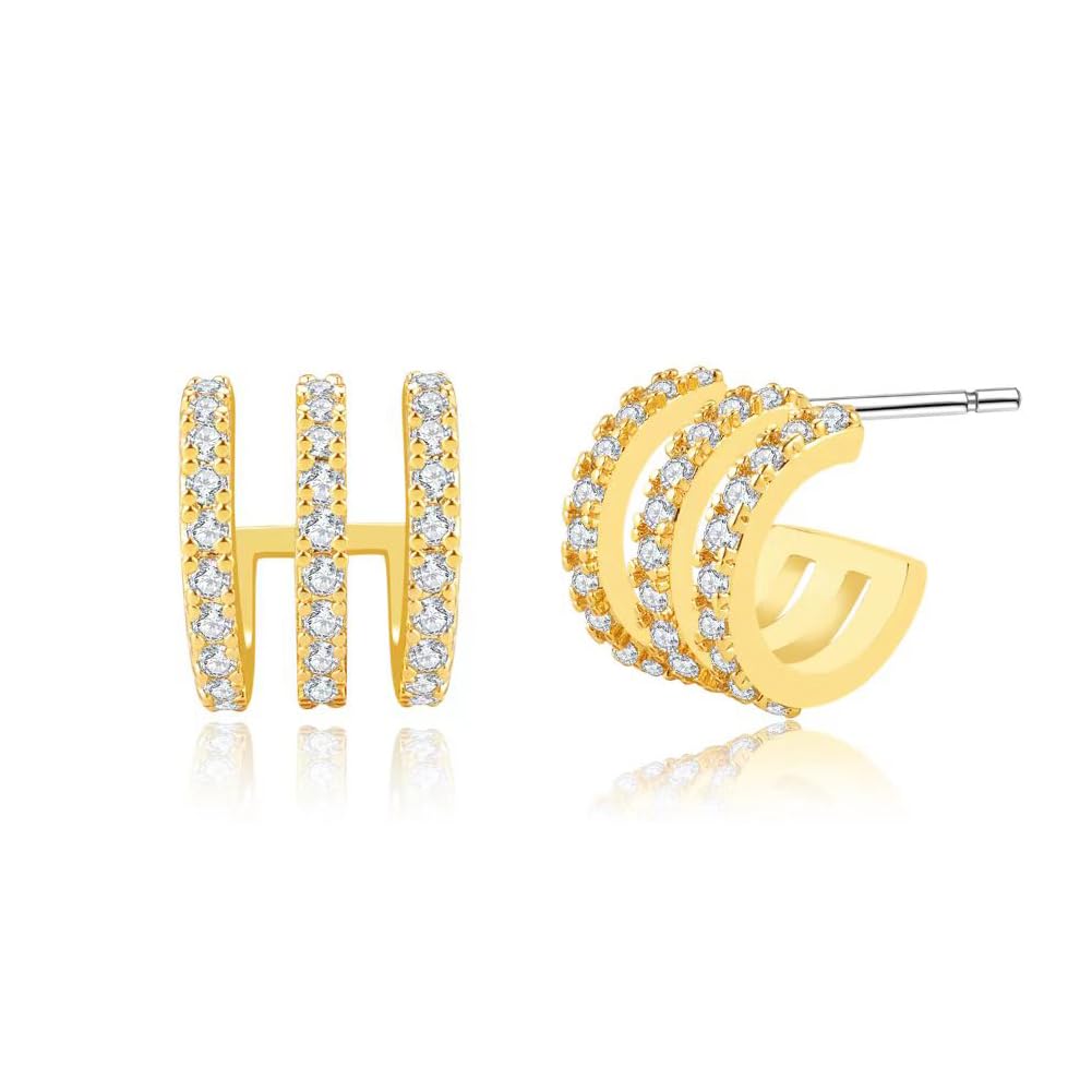 Triple Huggie Hoop Earrings with CZ | 14K Gold Plated Illusion Studs