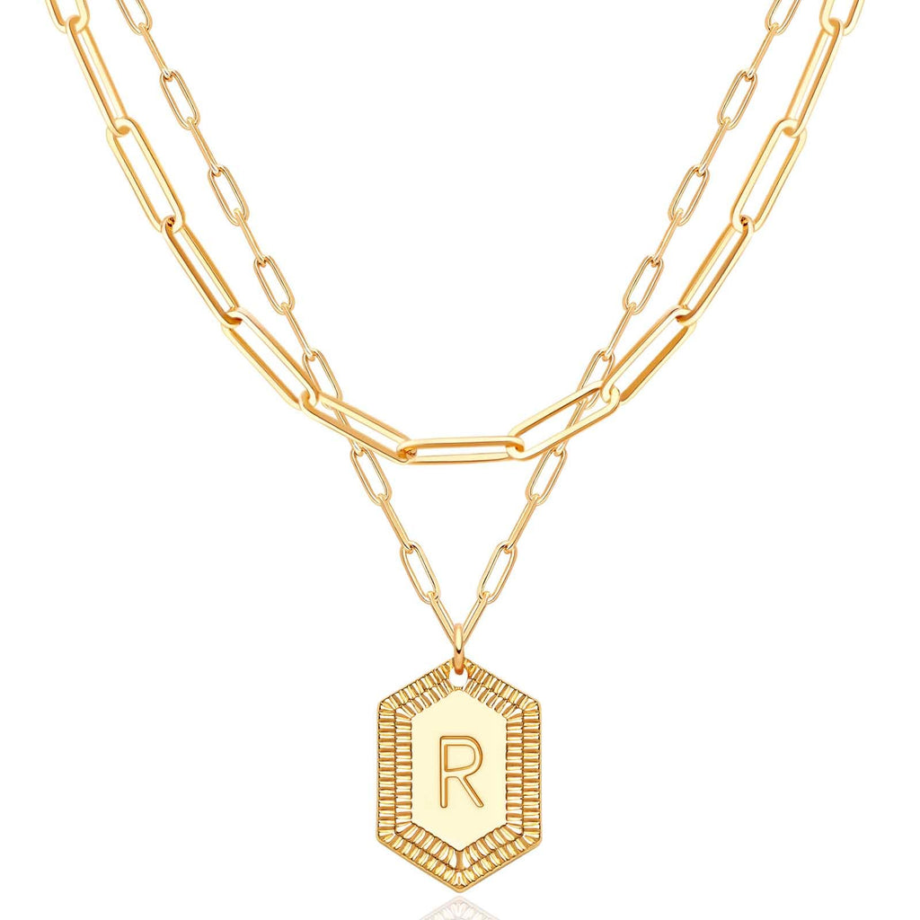 MEVECCO Dainty Gold Initial Necklace for Women 18K Gold Plated Layered Paperclip Link Chain Necklace Personalized Cute Hexagon Letters for Women Everyday Wear Jewelry