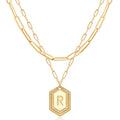 MEVECCO Dainty Gold Initial Necklace for Women 18K Gold Plated Layered Paperclip Link Chain Necklace Personalized Cute Hexagon Letters for Women Everyday Wear Jewelry