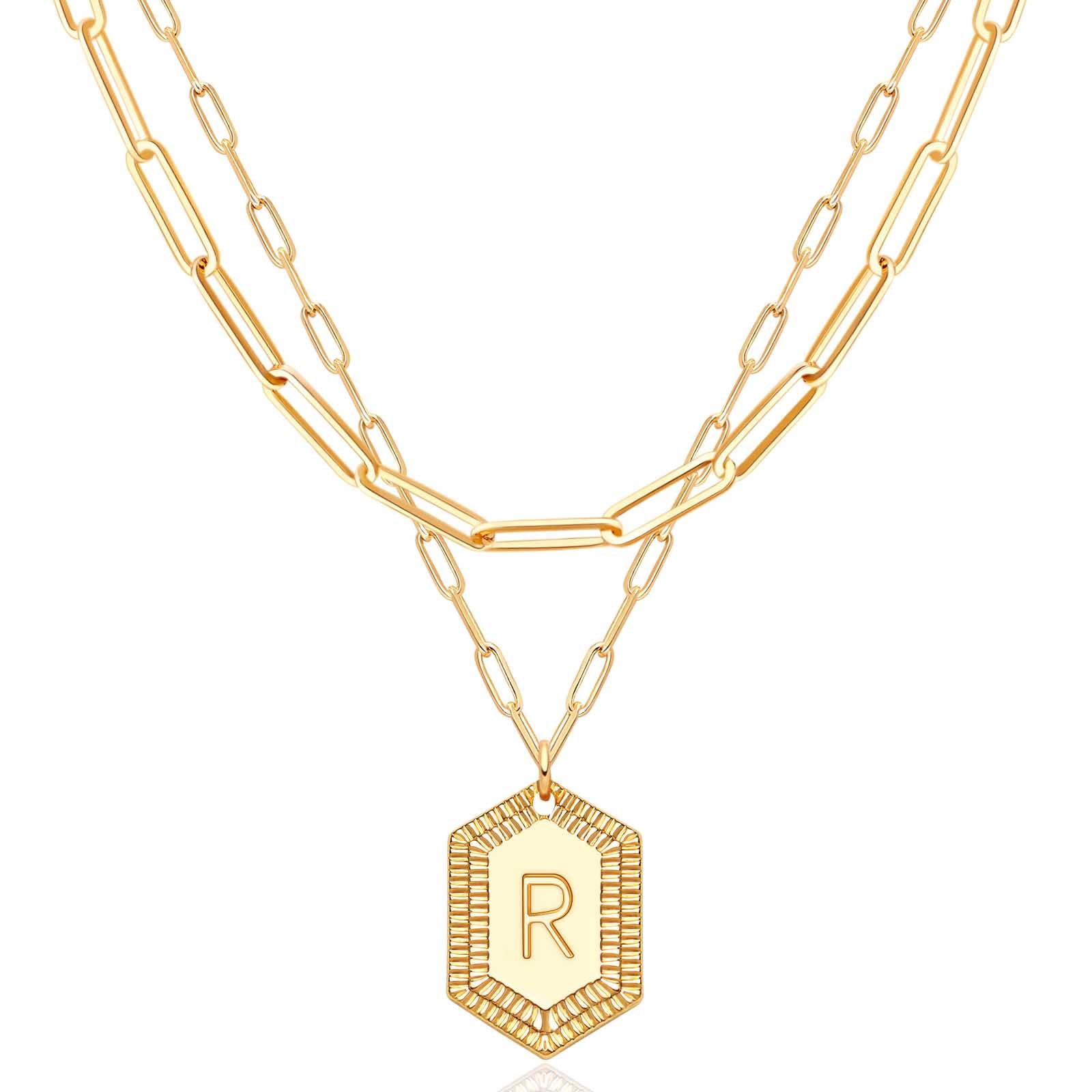 MEVECCO Dainty Gold Initial Necklace for Women 18K Gold Plated Layered Paperclip Link Chain Necklace Personalized Cute Hexagon Letters for Women Everyday Wear Jewelry