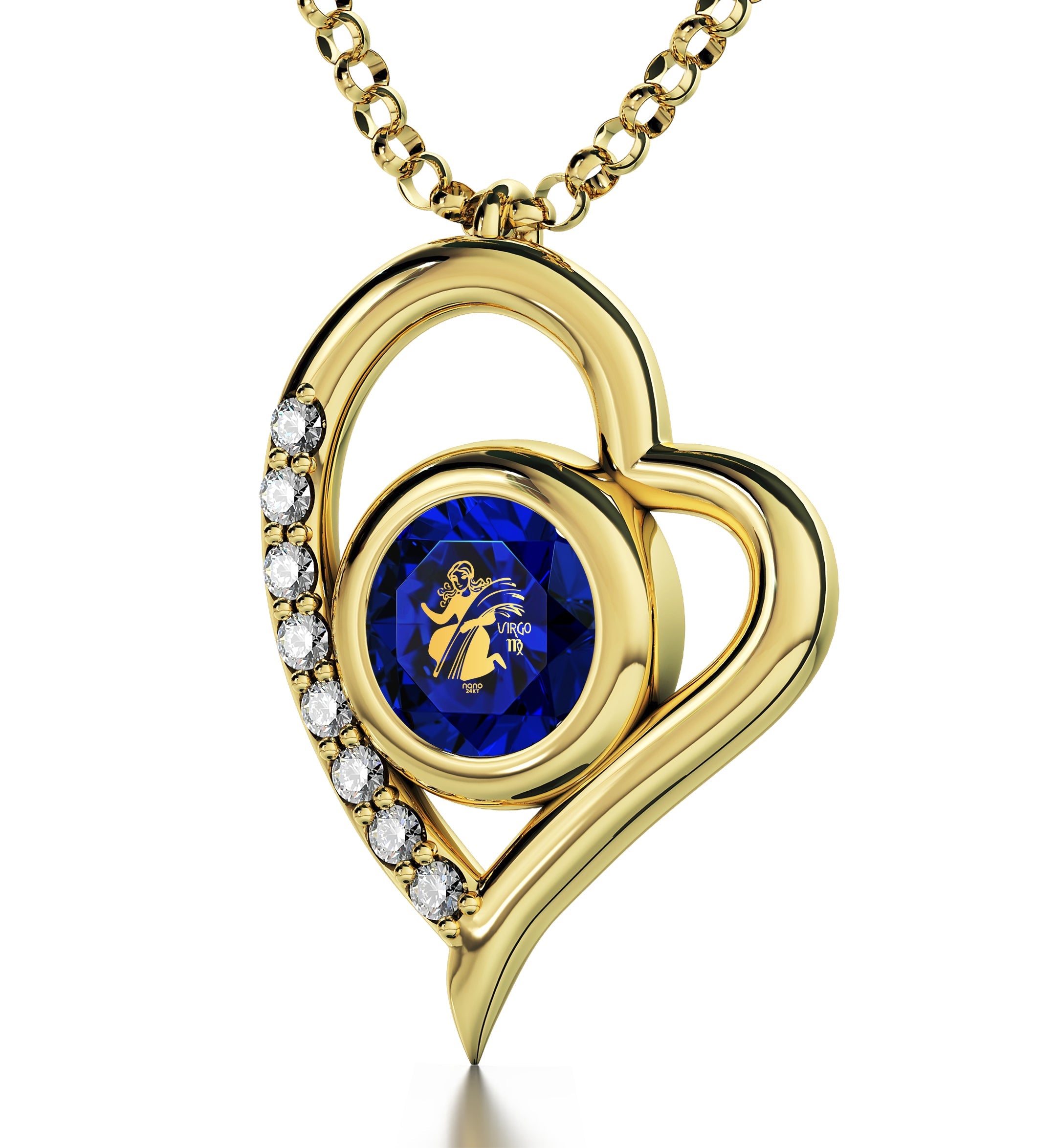 Virgo Zodiac Heart Pendant Necklace | Gold Plated Silver | 24K Inscribed Crystal