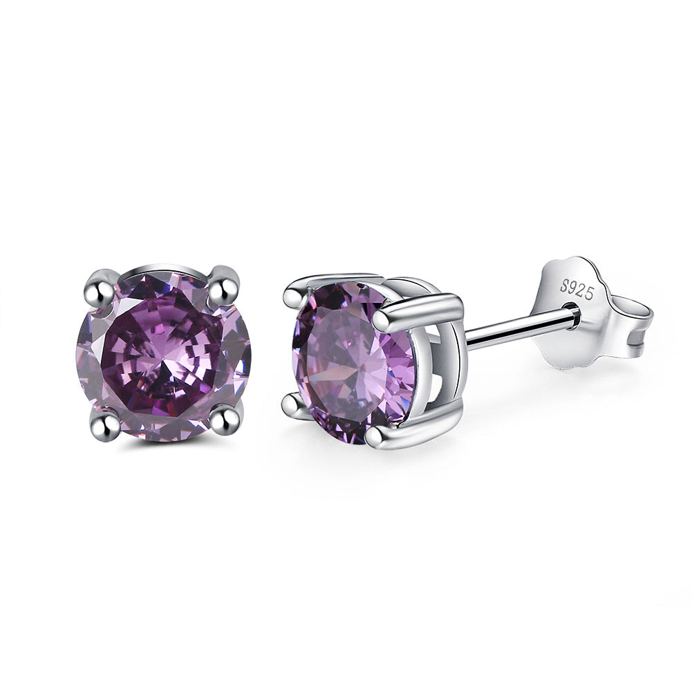 Zodiac Birthstone Stud Earrings – S925 Sterling Silver Four-Claw Setting | 12 Colors