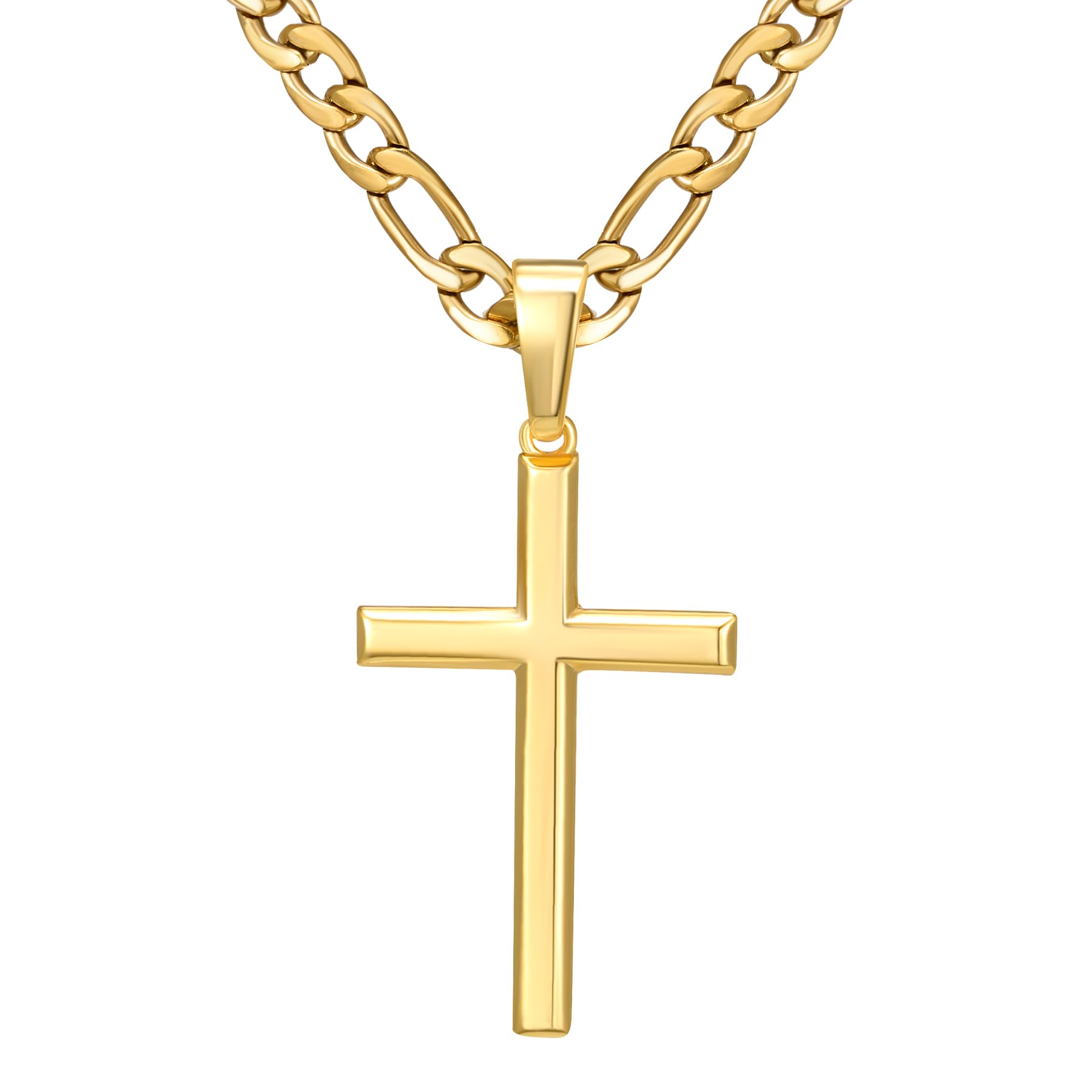 SWEETV 18K Gold Over 925 Sterling Silver Cross Necklace for Men/Women Stainless Steel Chain Cross Pendant for Men Jewelry Box Included Gold/Figaro Chain18 inch
