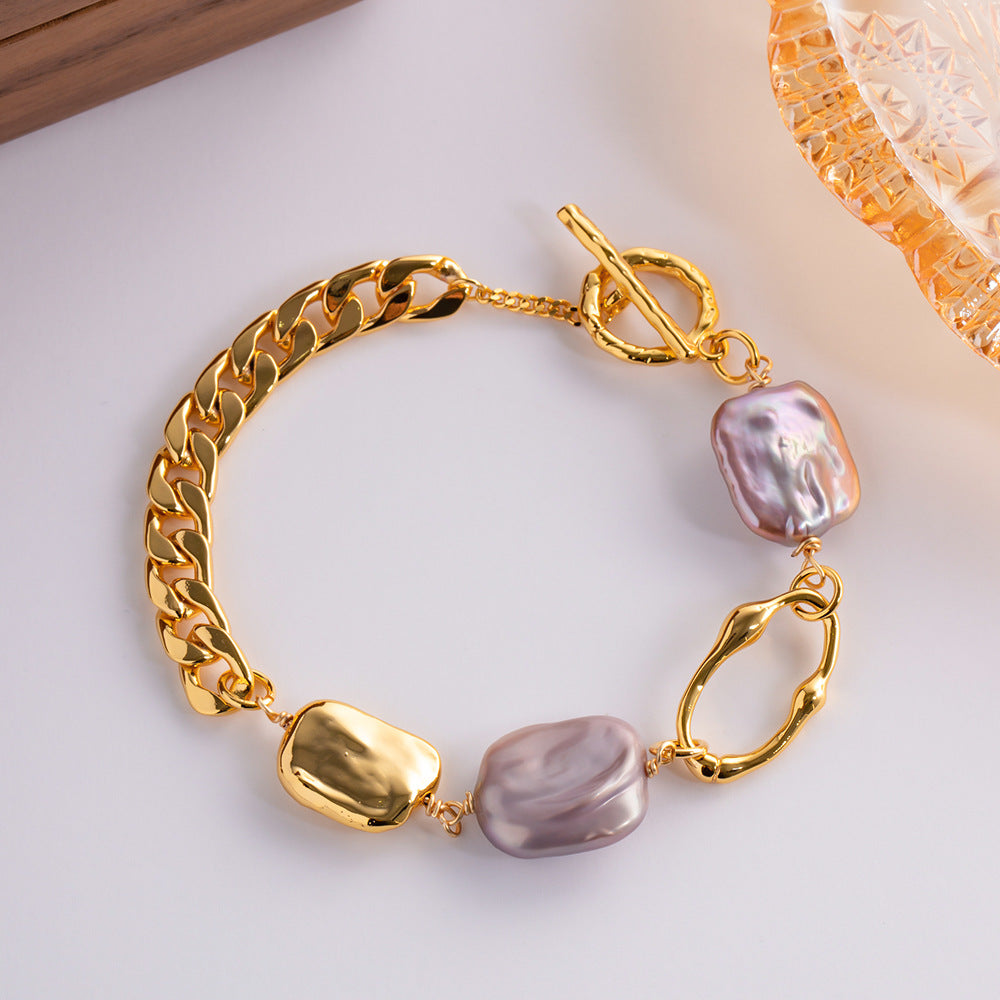 Cuban Link Chain Baroque Pearl Square Plate Bracelet