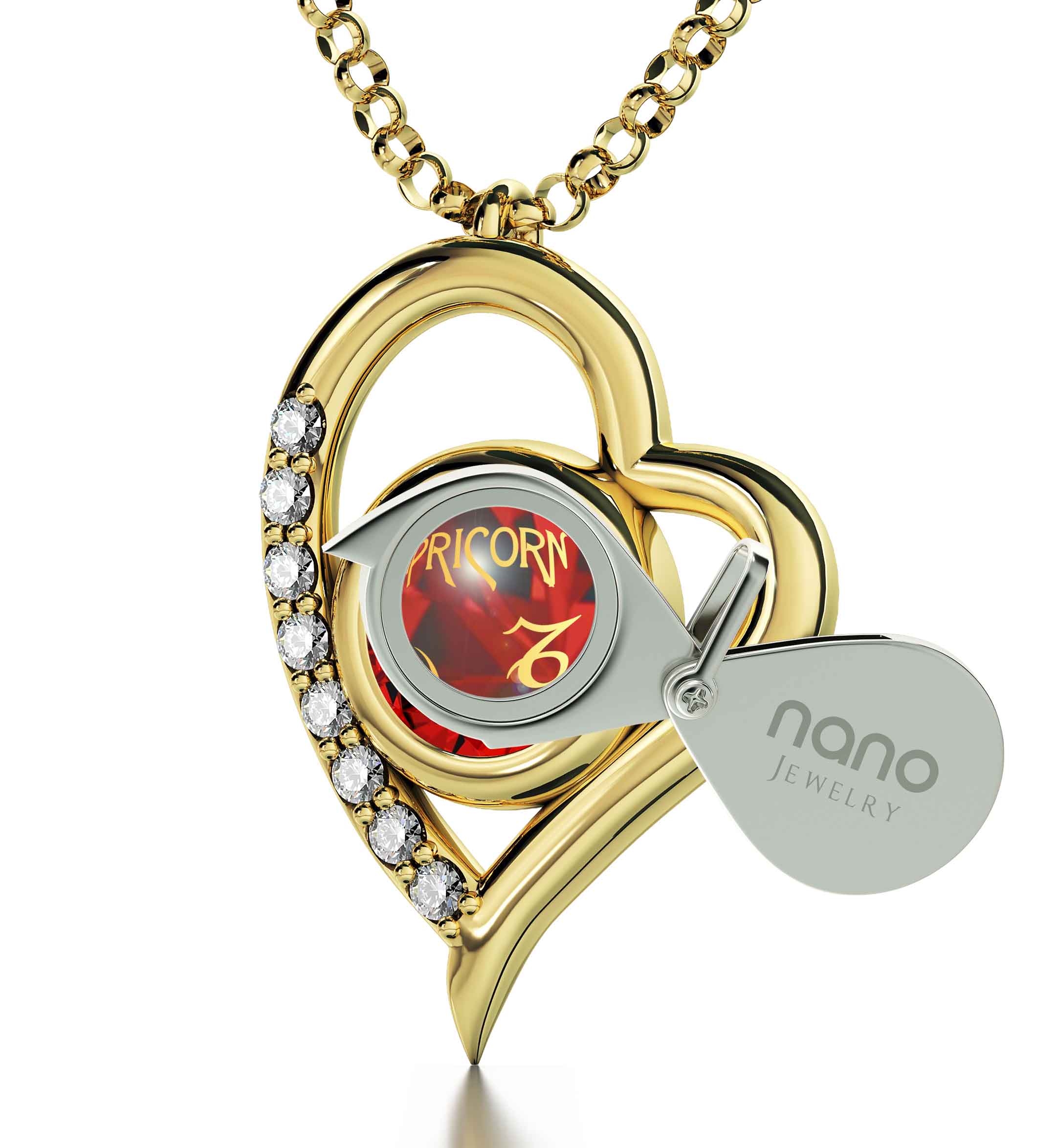 Capricorn Zodiac Heart Pendant Necklace | Gold Plated Silver | 24K Inscribed Crystal