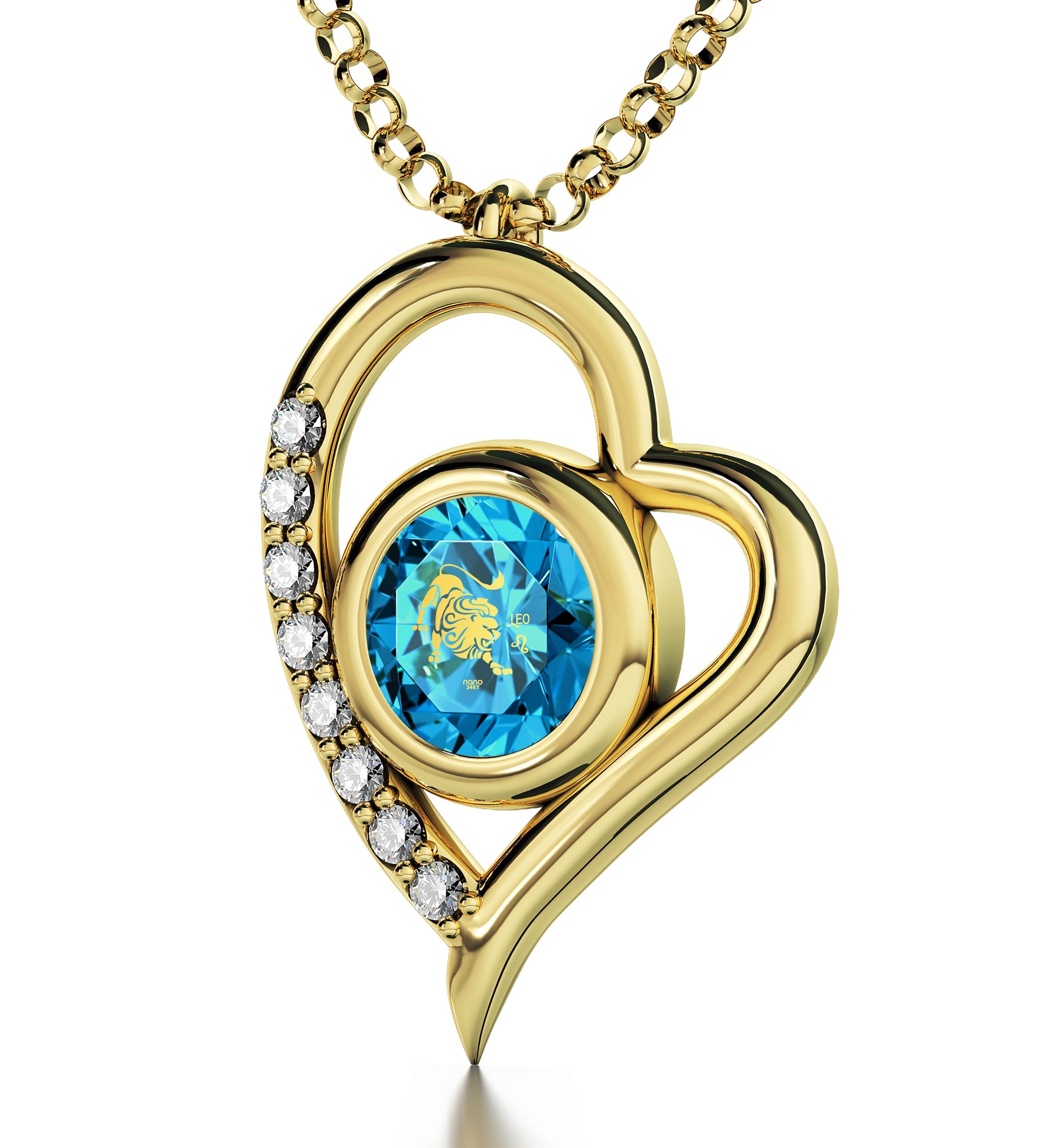 Leo Zodiac Heart Pendant Necklace | Gold Plated Silver | 24K Inscribed Crystal