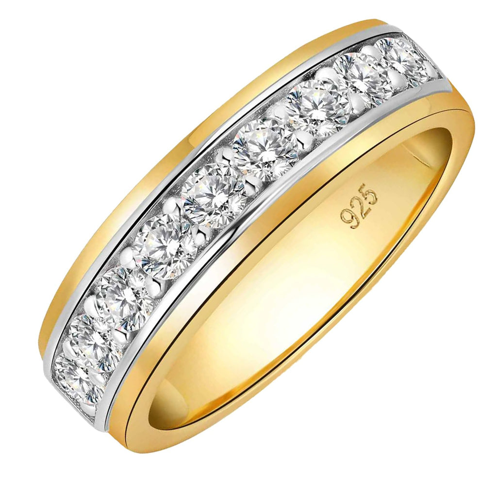 SweetJew Moissanite Wedding Band Men 925 Sterling Silver Rings 14K Yellow Gold Plated 1ct D Color VVS1 Clarity Brilliant Lab Created Stone 9 Round Cut Engagement Rings For Him Size 11