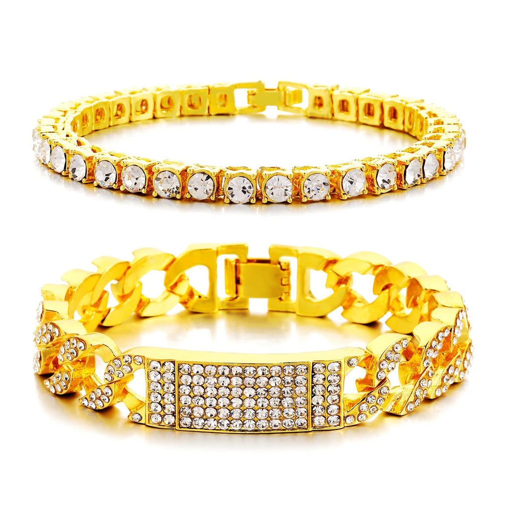 Iced Out Tennis & Cuban Link Bracelet Set – 14K Gold Silver Hip Hop Jewelry for Men & Women