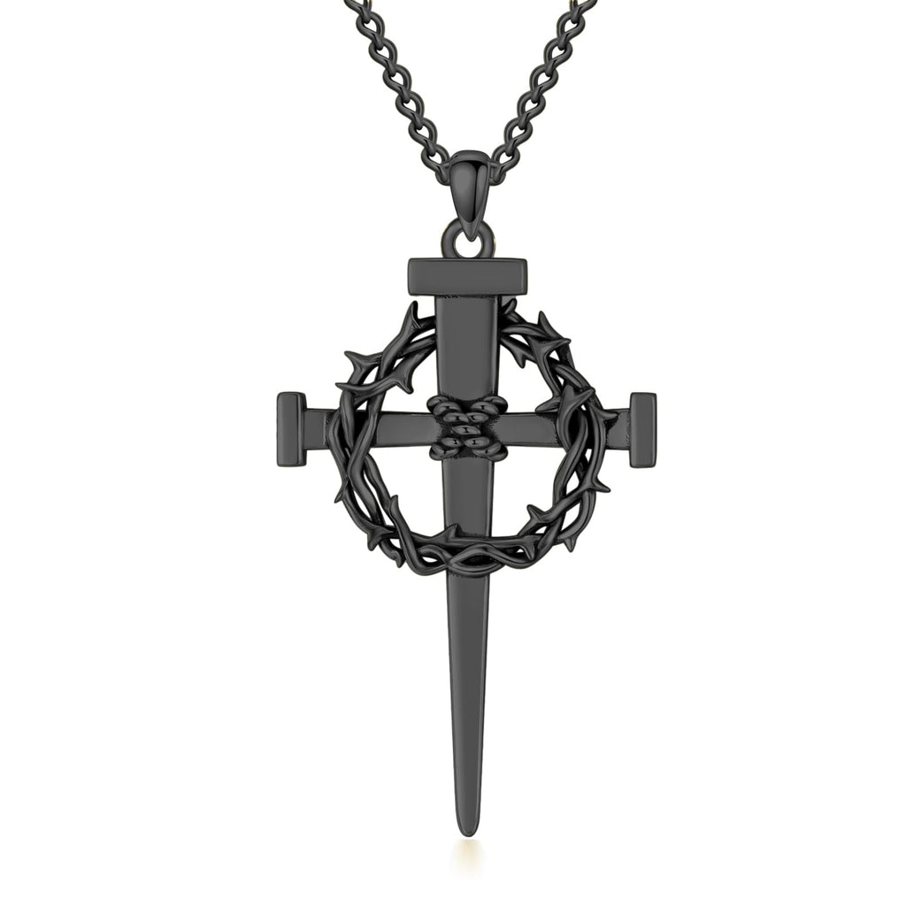 Lattd Nail Cross Necklace 925 Sterling Silver Black Crown of Thorn Nail Cross Pendant Christian Jewelry Gift for Men Women (01-Nail Cross & Crown 02-Black)