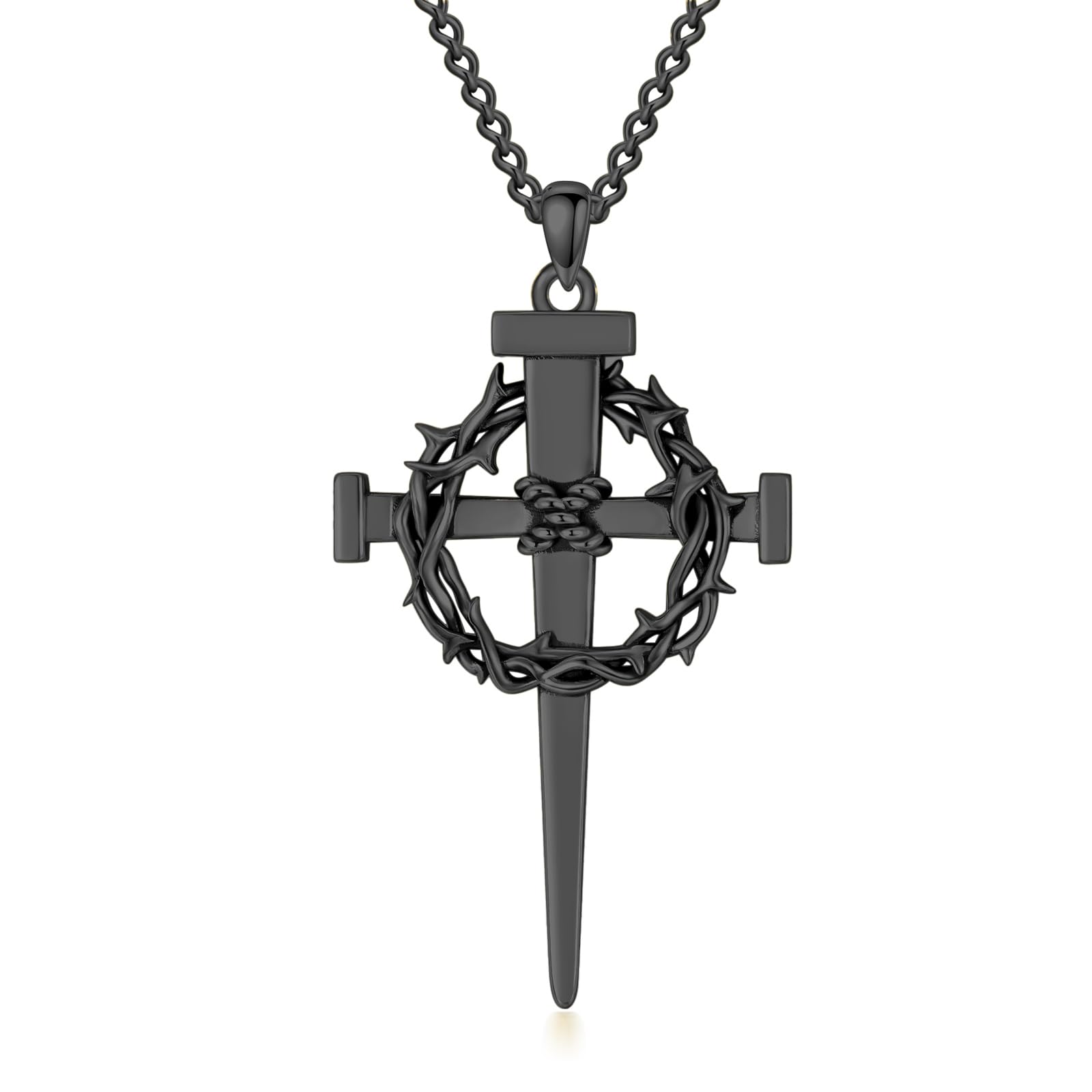 Lattd Nail Cross Necklace 925 Sterling Silver Black Crown of Thorn Nail Cross Pendant Christian Jewelry Gift for Men Women (01-Nail Cross & Crown 02-Black)